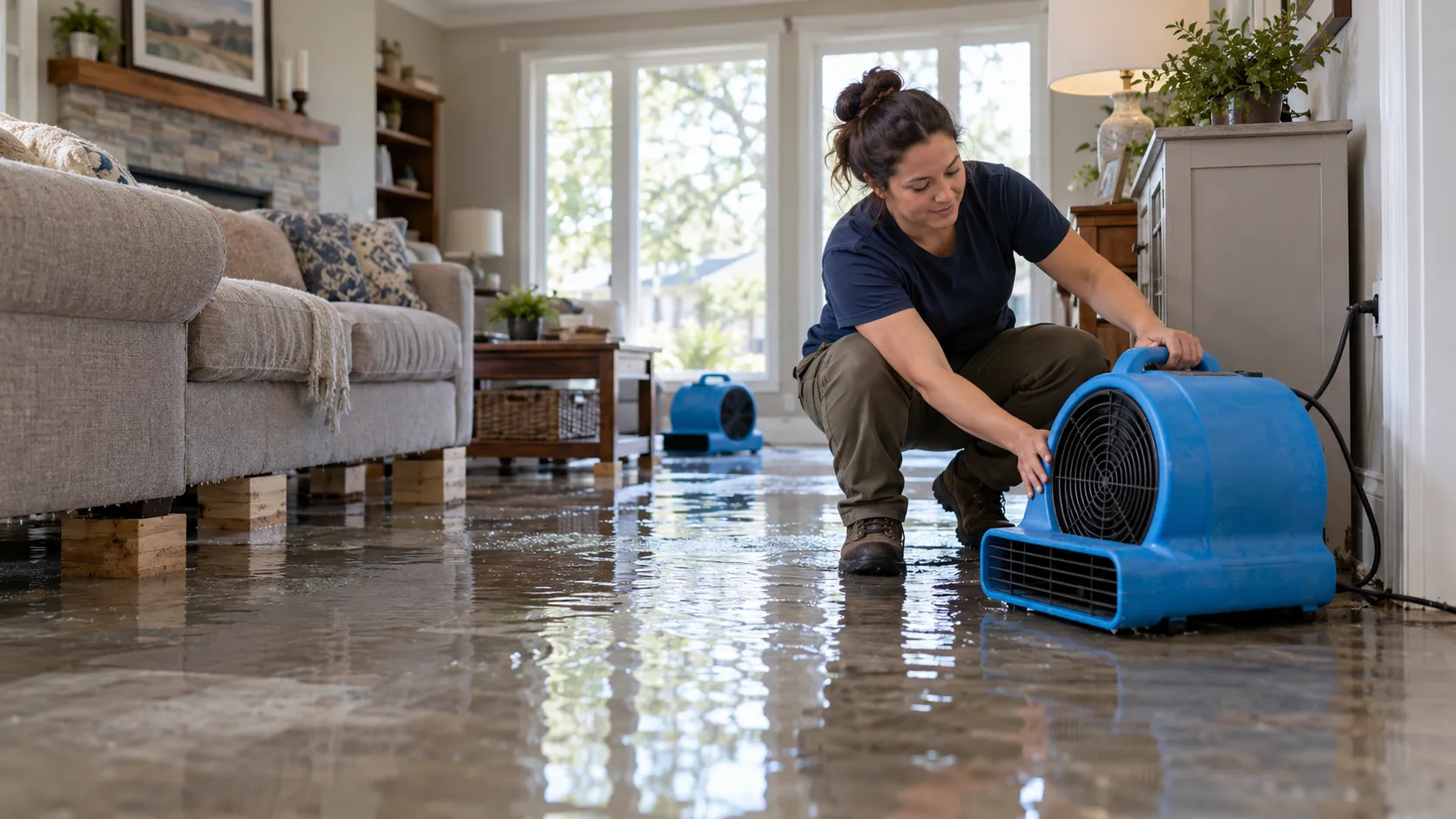 Water damage restoration technician drying a flooded living room in Sacramento